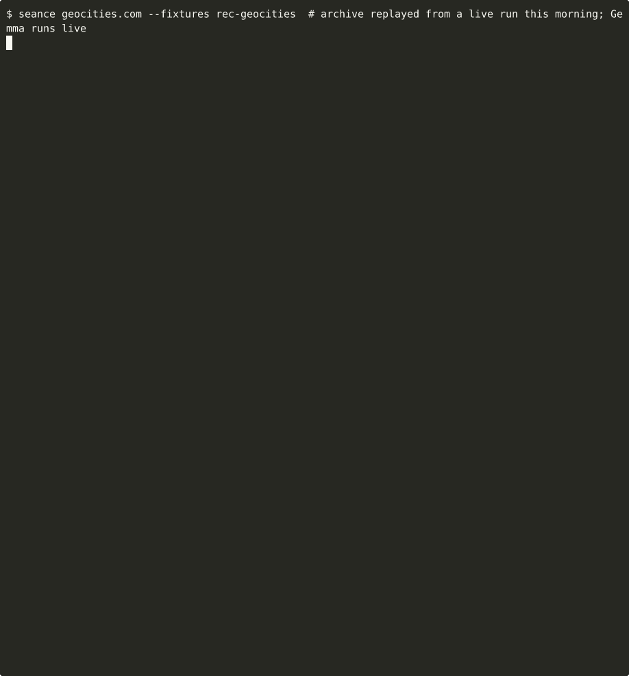 A terminal séance: snapshots of geocities.com are summoned, then the ghost speaks sentence by sentence; unverified sentences are struck through.